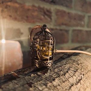 Birdcage pendant locket necklace encasing a removable mini d20 dice hung from a beige cord displayed on a log in front of a brick background