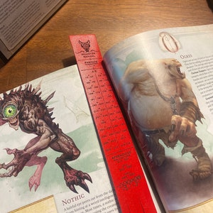 May include: A red bookmark with a monster illustration and the text "Monster Manual Preface A-Z" on it. The bookmark is placed on a page of a book with a picture of a large, green ogre.