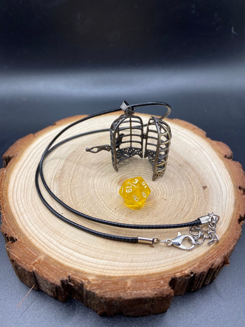 Open birdcage pendant locket necklace hung from a black cord next to a mini d20 dice displayed on a log slice