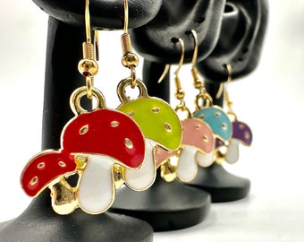 Whimsical Delightful Duo Mushroom Earrings with Stainless Steel Hooks - Mushroom Earrings - Toadstool Earrings - Cute Earrings