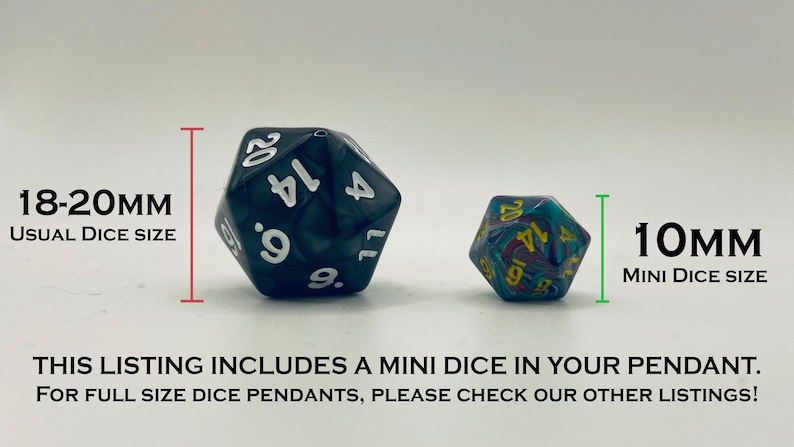 Infographic displaying the size of a D20 18-20mm dice and a mini D20 10mm dice