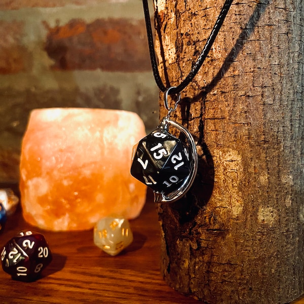 Removable D20 Dice Necklace - D20 Fidget Necklace - Rotating 20mm Dice Guardian Pendant with Leather Style Cord Chain - RPG Gift DnD 5e