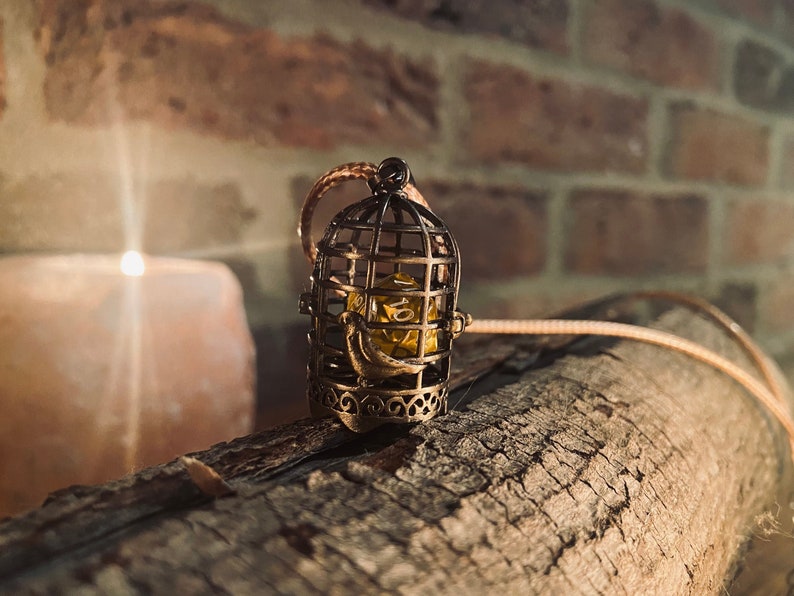 Birdcage pendant locket necklace encasing a removable mini d20 dice hung from a beige cord displayed on a log in front of a brick background