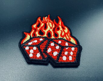 Flaming Dice Patch - Iron On Fabric Patch - Denim Adhesive Patch - Bag Patch - Jacket Patch Accessory