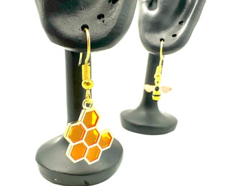 Bumble Bee and Honeycomb Earrings Set with Stainless Steel Hooks - Bee Jewellery - Whimsical Earrings - Bumblebee Earrings - Bee Earrings