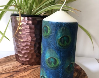 Vela de pilar con decoupage de pavo real, vela con aroma a vainilla