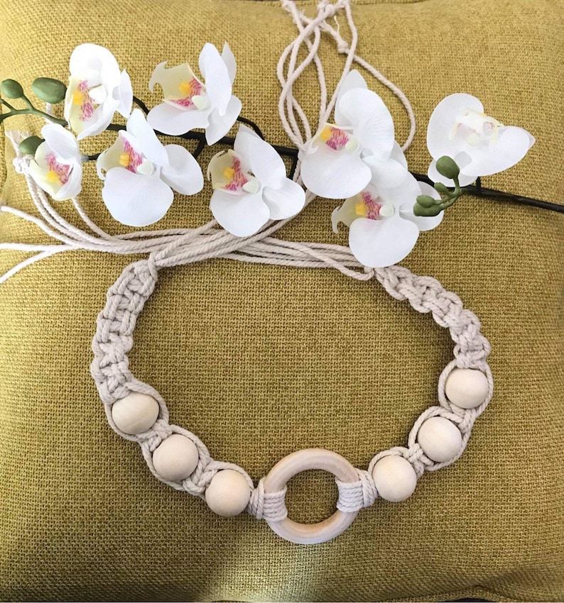 Natural Handmade Curtain Tie Back, Wooden Ring and Beads, Assembled