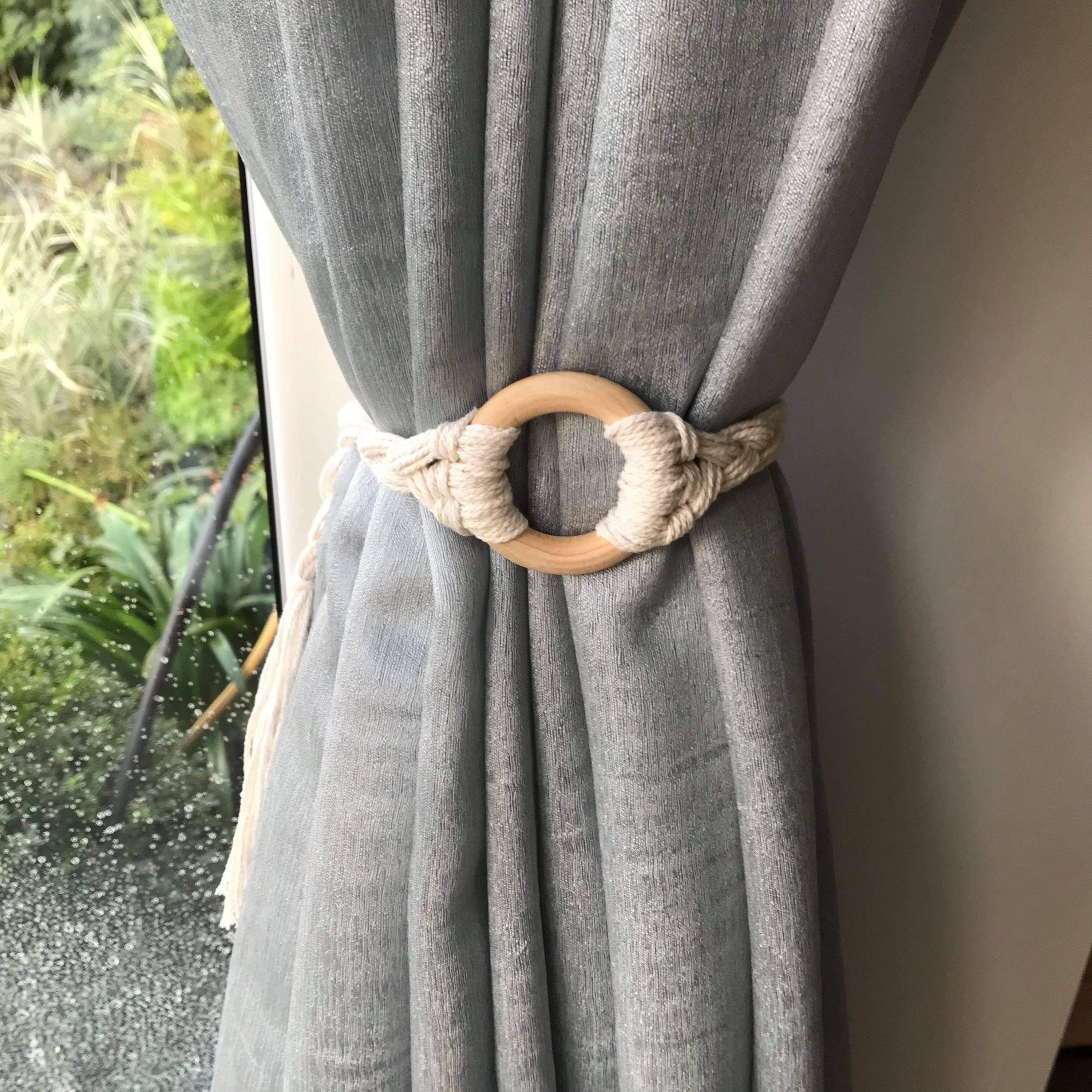 Handmade Curtain Tie Backs, Wooden Ring and White Cotton Rope Tieback