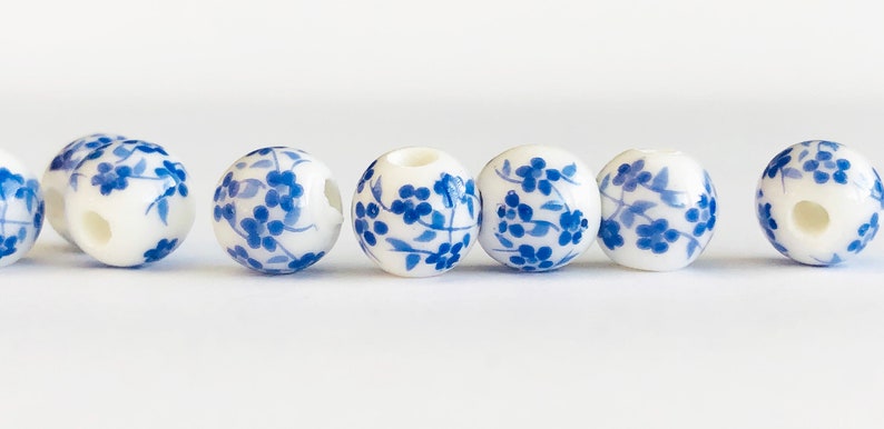 7mm Round Oriental Blue Flower Painted Porcelain Bead image 1