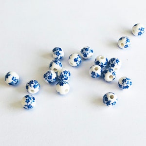 7mm Round Oriental Blue Flower Painted Porcelain Bead image 2