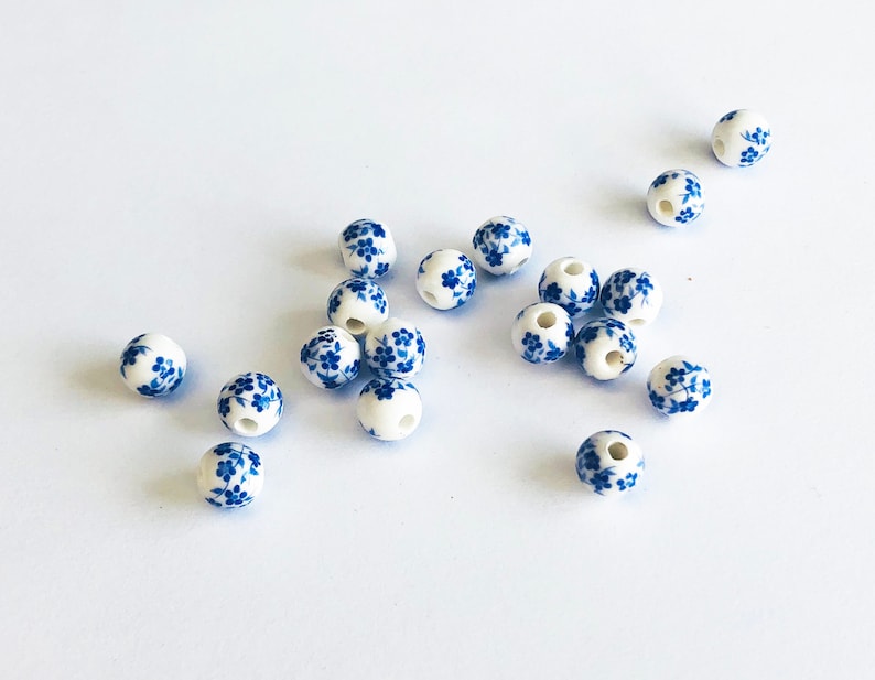 7mm Round Oriental Blue Flower Painted Porcelain Bead image 2