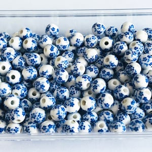 7mm Round Oriental Blue Flower Painted Porcelain Bead image 3