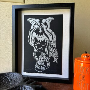 Spooky Owl and Skull Linocut Print