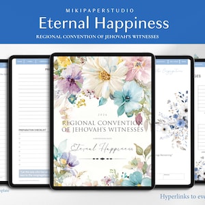 Puede incluir: Plantillas digitales para la Asamblea Regional de los Testigos de Jehová, titulada "Felicidad Eterna". El diseño presenta arte floral en acuarela en colores pastel. Las plantillas se muestran en tabletas, con el texto "Asamblea Regional de los Testigos de Jehová" y "Felicidad Eterna".