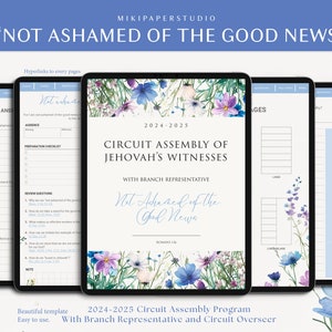 May include: A digital planner template for a 2024-2025 Circuit Assembly of Jehovah's Witnesses with a floral design. The text "Not Ashamed of the Good News" is featured on the cover.