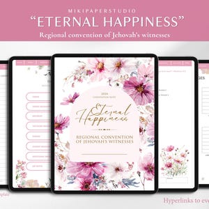 May include: Digital tablet screens displaying a floral-themed design for the "Eternal Happiness" Regional Convention of Jehovah's Witnesses. The design features pink and purple flowers, with text overlaying the images.