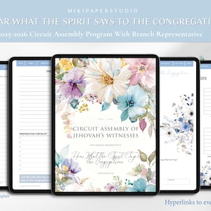 Puede incluir: Plantilla digital para la Asamblea de Circuito 2025-2026 de los Testigos de Jehová. El diseño presenta arte floral en acuarela en colores pastel. El texto dice: "Oigan lo que el espíritu dice a las congregaciones."