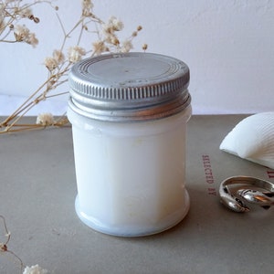 Antique American milk glass face cream pot with screw on zinc lid ~ octagonal 1920's Hazel-Atlas white glass day cream jar from USA ~ vanity