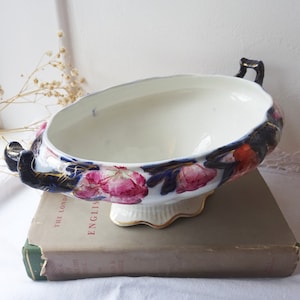 Antique Marèchal tureen by Royal Staffordshire Potteries, Burslem ~ transfer print with hand painted flowers ~ cobalt, pink & orange pattern