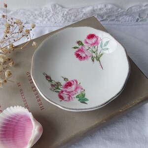 Vintage china ring dish ~ Old Foley James Kent white with hand painted pink roses china dish & gilt rim ~ Staffordshire ~ jewellery dish ~