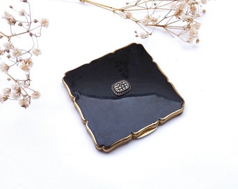 Compacto vintage de Stratton ~ esmalte negro ~ detalle de cristal de marcasita real ~ borla ~ compacto de maquillaje de los años 50 ~ coleccionable de tocador retro