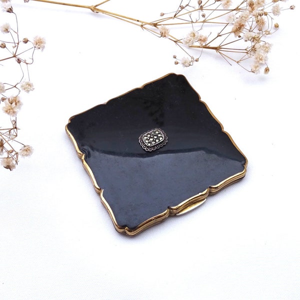 Vintage compact by Stratton ~ black enamel ~ real marcasite crystal detail ~ powder puff ~ 1950's make up compact ~ retro vanity collectable
