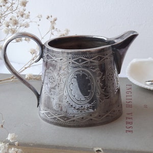 Victorian creamer ~ engraved continental silver or silver plated small jug with two blank cartouches ~ antique white metal cream jug