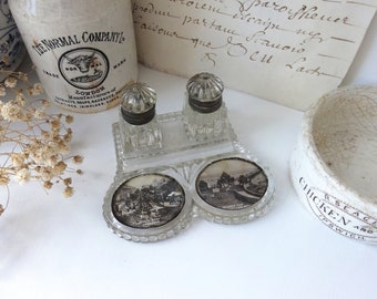 Edwardian inkwells ~ novelty souvenir moulded glass double inkwell ~ Skegness photos ~ Lumley Road The Pier ~ calligraphy supplies ~ writing