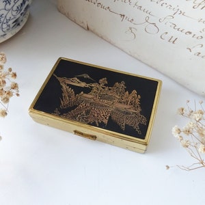 Portacipria damascena musicale vintage di Clover ~ cipria compatta e specchio per il trucco giapponese Mount Fuji ~ originale ~ da collezione