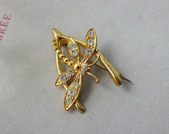 Vintage dragonfly and wishbone brooch ~ pretty diamante & gold plated insect brooch ~ sparkling faux diamonds ~ dainty jewellery ~ gift idea