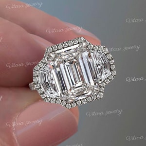 5 CT 3 stone Emerald cut halo ring,unique emerald cut moissanite engagement ring,celebrity style three stone moissanite ring,wedding ring