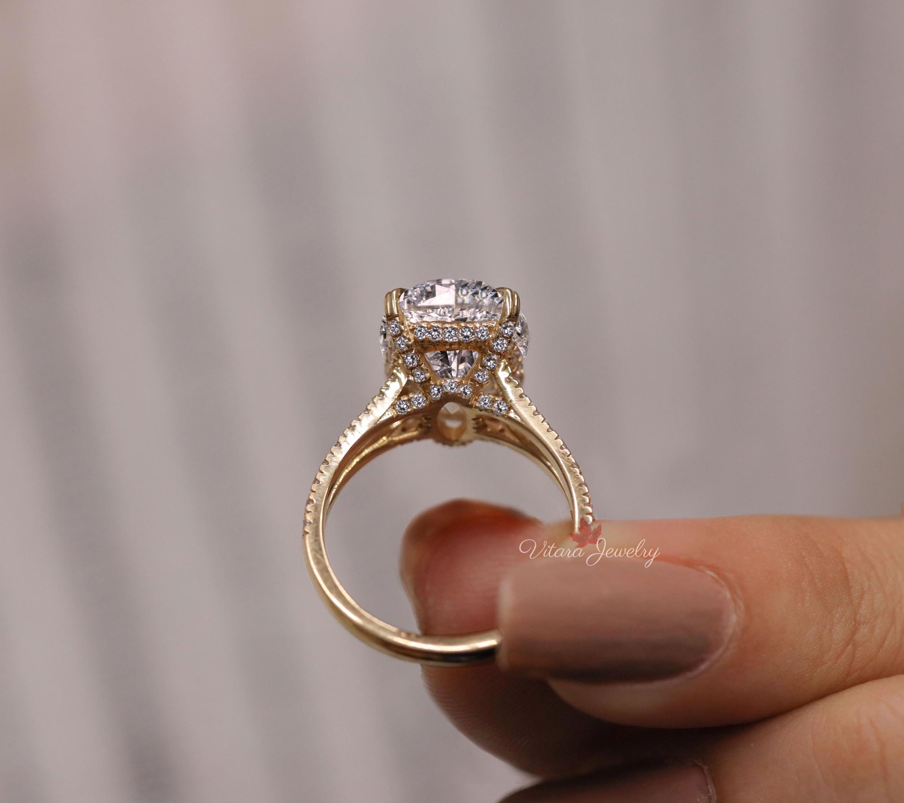 Oval Moissanite Engagement Ring, Solitaire Split Shank Hidden Halo 14k ...