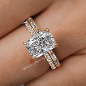 Radiant Cut Lab Grown Diamond Engagement Ring Set 2.8 CT 14k White Gold Bridal Jewelry Wedding Anniversary Ring Set Proposal Gift For Women