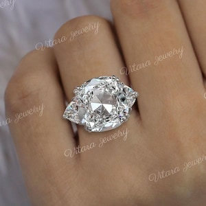 5 CT old European cushion cut moissanite engagement ring,Three stone Moissanite ring,trillion&big old mine cushion cut 3 stone wedding ring
