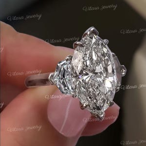 4 CT Three stone marquise ring,crushed ice moissanite marquise engagement ring,art deco unique trilogy ring,large marquise cut wedding ring
