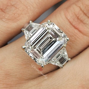 5 CT emerald cut moissanite engagement ring,big large Three stone moissanite ring•unique celebrity style,3 stone emerald cut wedding ring