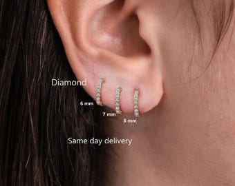 14k Gold Diamond Huggie Hoop Earrings, Cartilage Helix Earring