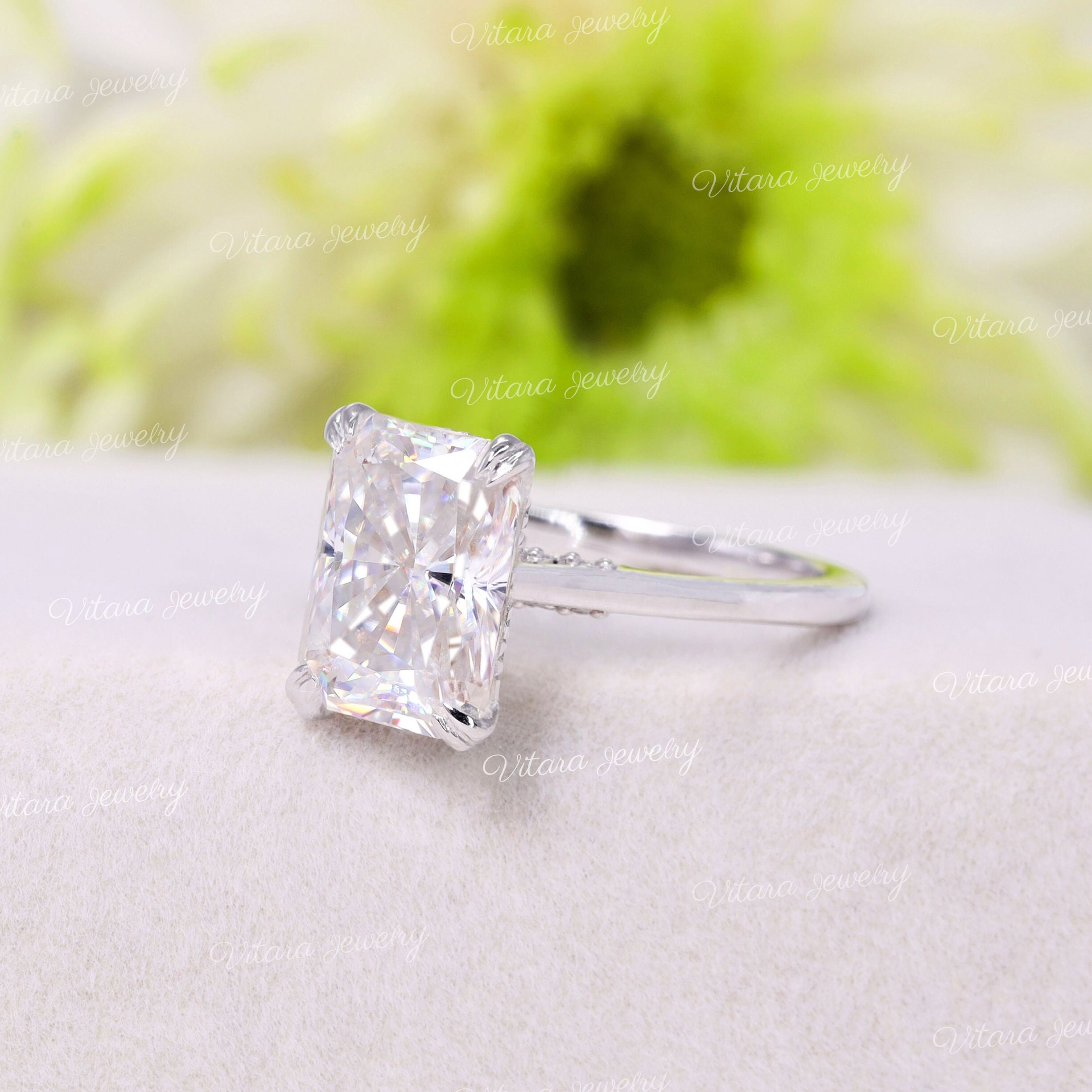 3 CT Radiant Cut Engagement Ring,radiant Moissanitesolitaire Ringdouble  Prongpave Bridgehidden Halolab Created Diamondwedding Ring 