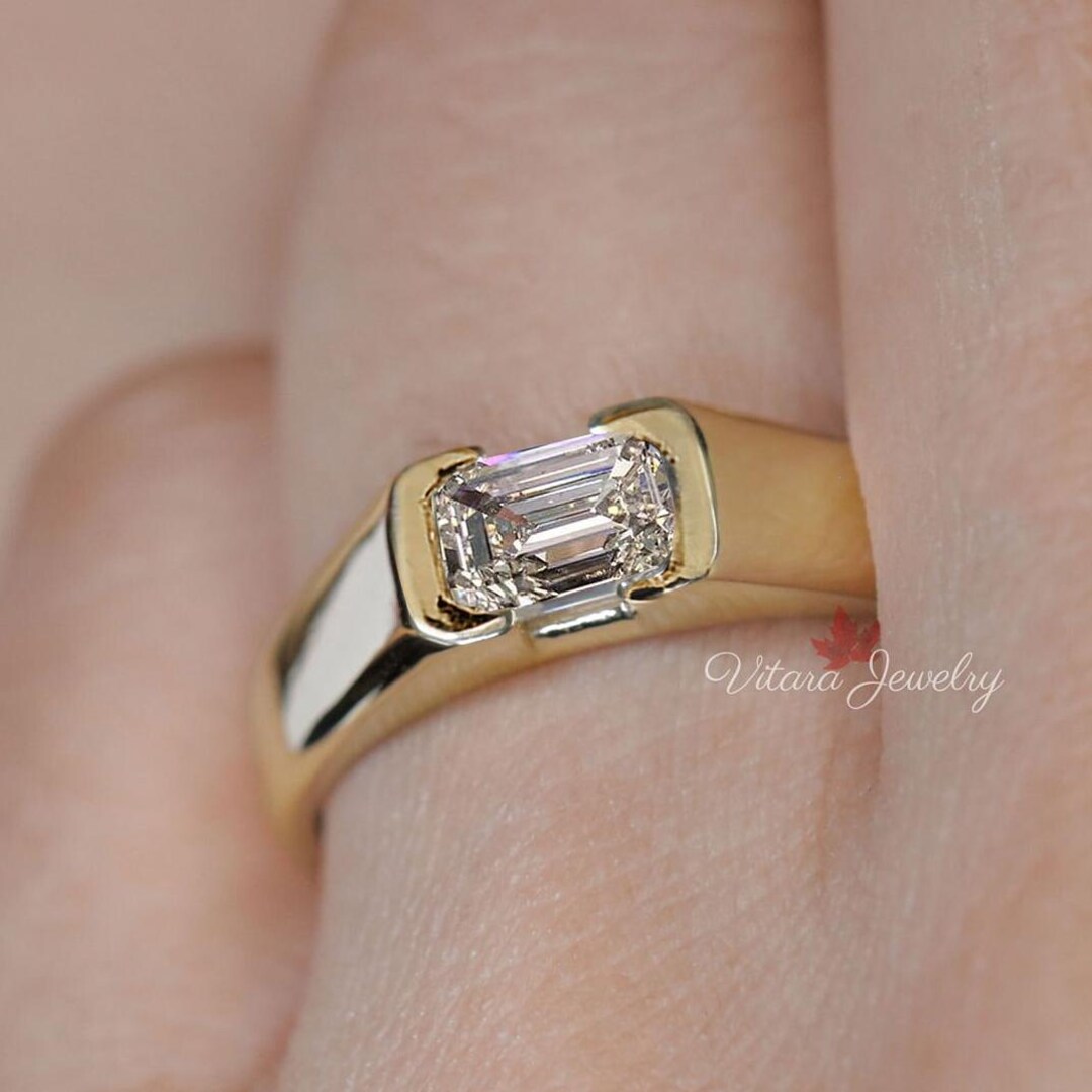 Emerald Cut Moissanite Mens Ring: 14k White Gold Wedding Band
