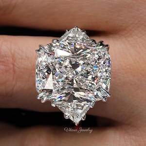 18.5 CT elongated cushion cut engagement ring,cushion moissanite three stone ring,celebrity style trillion&huge big cushion cut,wedding ring