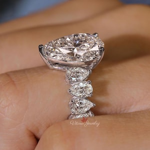 6.5 CT pear moissanite engagement ring,wide band,celebrity style,unique pear shaped ring,luxury wedding ring,diamond cocktail teardrop ring