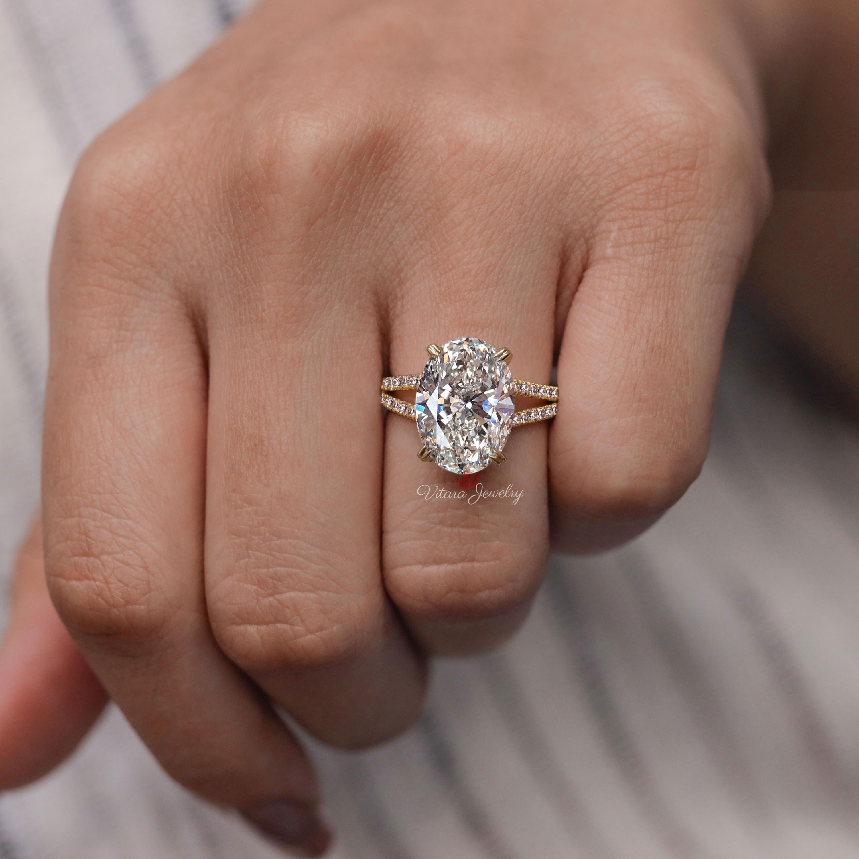 Oval Moissanite Engagement Ring, Solitaire Split Shank Hidden Halo 14k ...
