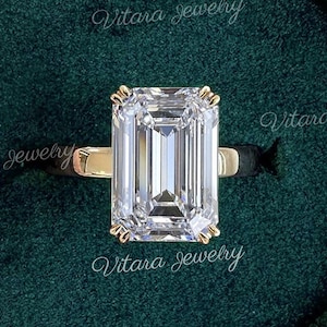 4.5 CT Emerald cut moissanite engagement ring,hidden halo,solitaire large moissanite,celebrity style gold wide band,big diamond wedding ring