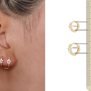 cartilage hoop,cartilage piercing•Real diamond huggie hoop earrings•14k solid gold hoops•helix hoop•helix piercing•flower•tiny gold hoops