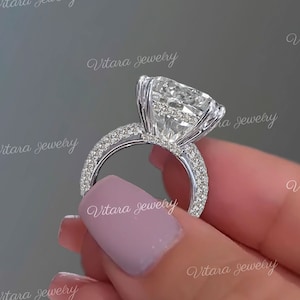 17.5 CT Cushion cut moissanite engagement ring,hidden halo Three row pave,celebrity style big Old mine elongated cushion cut engagement ring