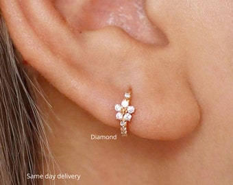 14k Gold Diamond Huggie Hoop Earrings: Flower Cartilage Earring