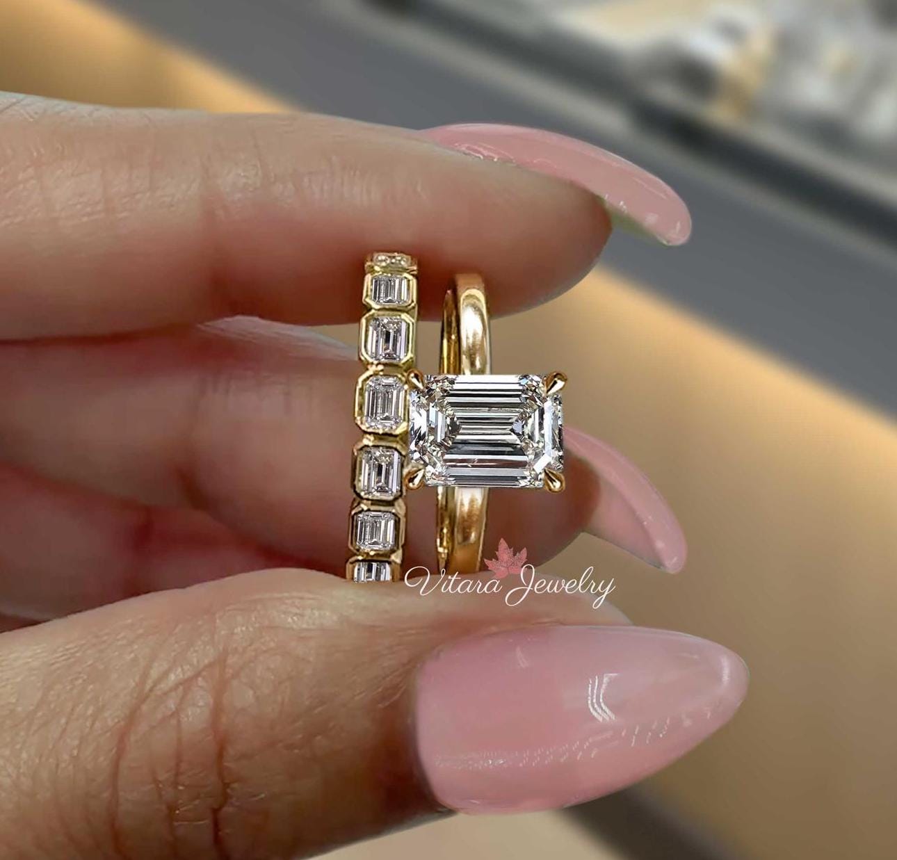 2.1 CT Emerald Cut Lab Grown Diamond Ring Set, Bezel Set - Etsy Australia