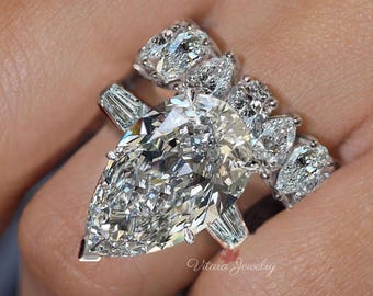 9 CT Three stone Pear Moissanite engagement ring set,pear shaped ring,baguette&large pear wedding ring set,teardrop ring big diamond ring