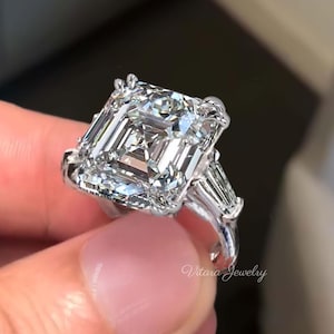 9 CT Large Three stone moissanite asscher cut engagement ring,celebrity style,shield&big asscher moissanite,cocktail statement wedding ring
