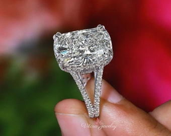 20.4 TCW cushion cut moissanite engagement ring,white gold,hidden halo,split shank,celebrity style big large elongated cushion wedding ring